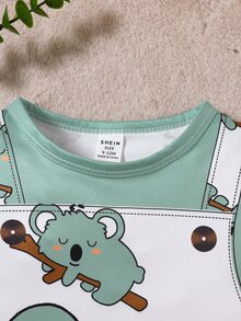 SHEIN Baby Boy Cute Animal Print Strap Shorts With Round Neck Short Sleeve Romper, Suitable For Summer Family Holiday White And Green - Multicolor - View 8