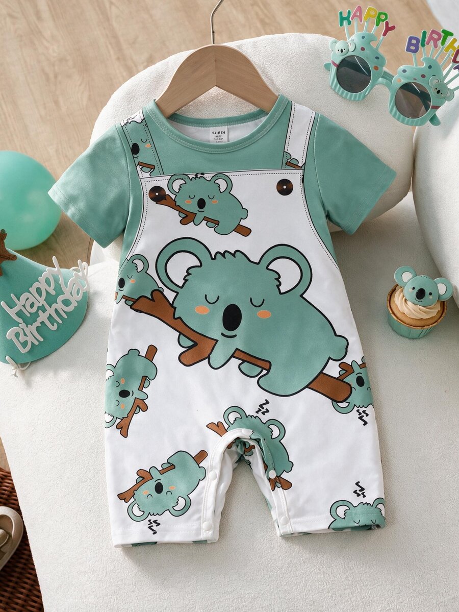 SHEIN Baby Boy Cute Animal Print Strap Shorts With Round Neck Short Sleeve Romper, Suitable For Summer Family Holiday White And Green