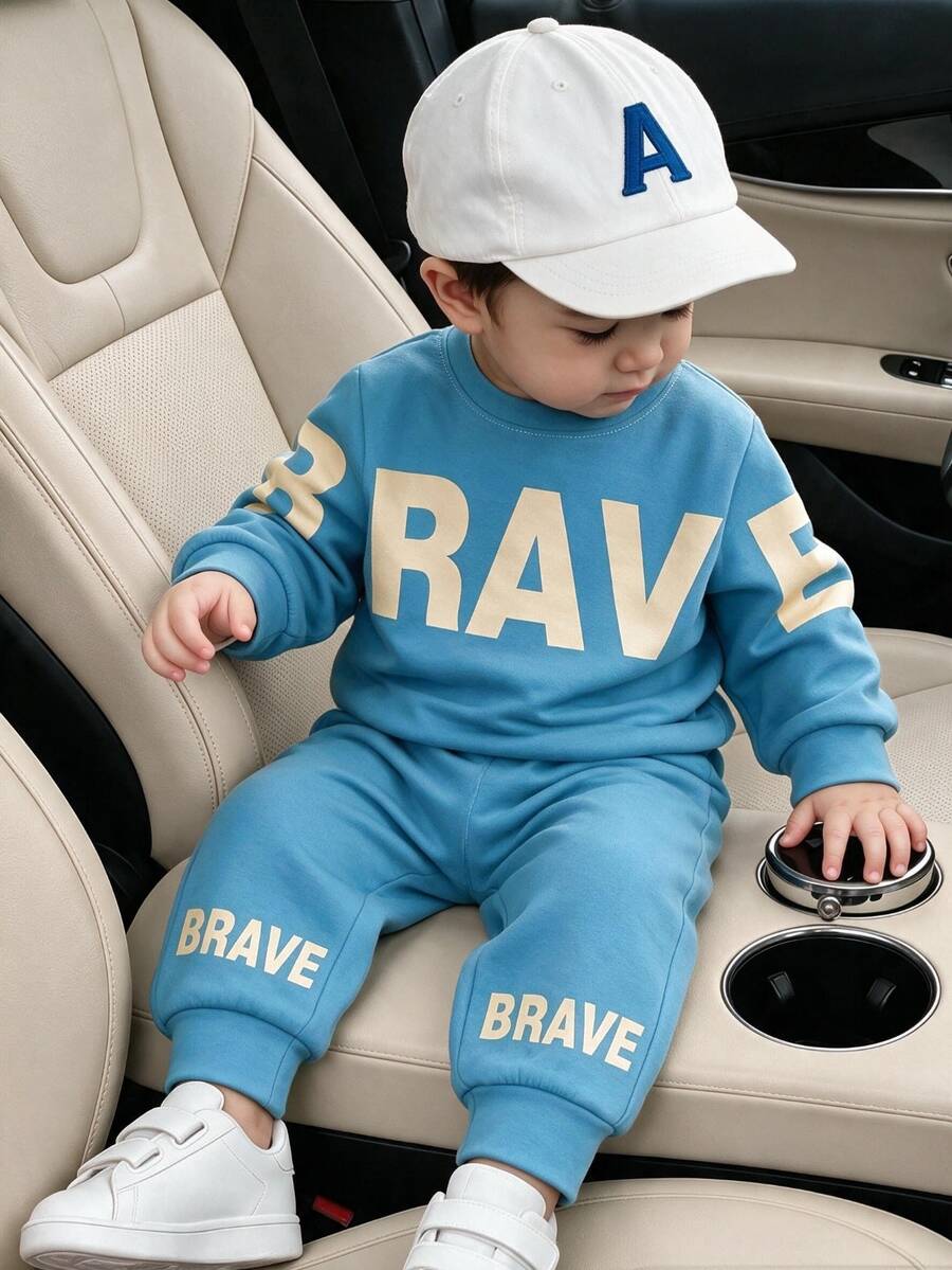 Baby Boy Letter Print Crew Neck Sweatshirt And Sweatpants Casual Cowboy Modest Set Holiday Family Fall - Multicolor - View 1