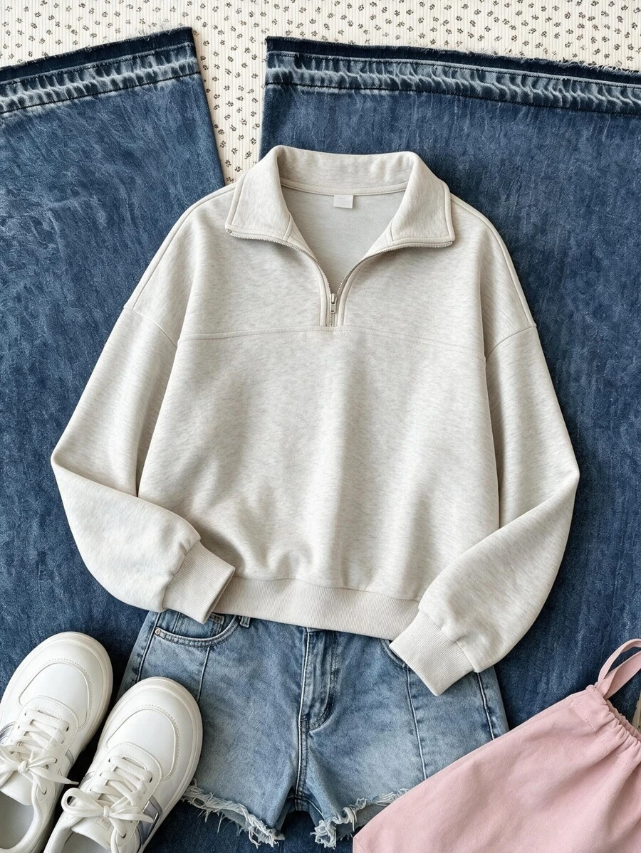 SHEIN Sweetra Young Teen Girl Fleece Fall Solid Color Casual Junior Baggy Streetwear Long Sleeve Sweatshirt Sixth Form Farewell Grade 12 White Holiday Party - Grey - View 1
