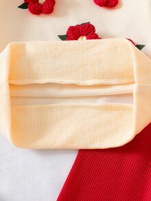 SHEIN 新生女嬰休閒可愛甜美 3D 花朵衛衣與米色紅色羅紋長褲套裝 秋季家庭親子款 出院套裝 - 紅色 - 查看 10