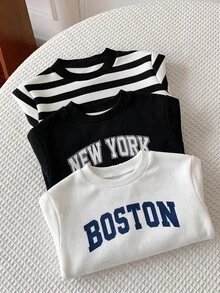 Kids Young Boy Casual Minimalist Striped & Letter Pattern 3pcs Long Sleeve Sweatshirt Set, Suitable For Autumn/Winter - Multicolor - View 4