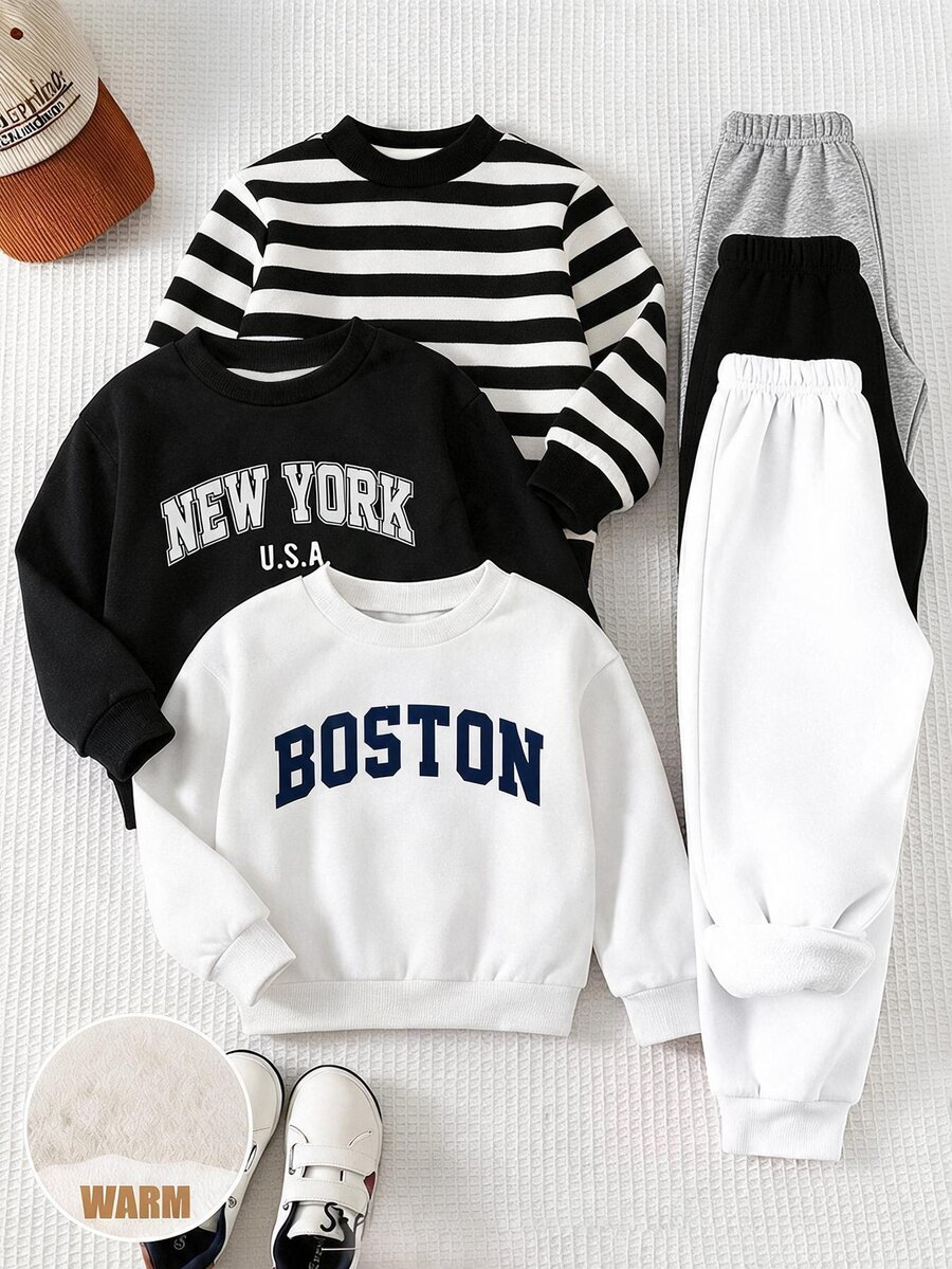 Kids Young Boy Casual Minimalist Striped & Letter Pattern 3pcs Long Sleeve Sweatshirt Set, Suitable For Autumn/Winter - Multicolor - View 1