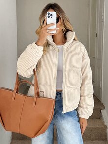 Easowa 秋冬拉链灯芯绒棉服大衣 - 米色 - 查看 8
