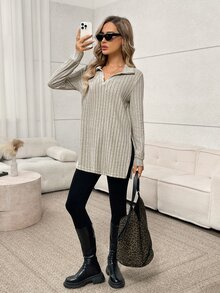 Easowa Women's Autumn/Winter Fuzzy Ribbed Polo Neck Long Sleeve Long T-Shirt - Apricot - View 5