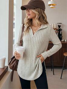 Easowa Women's Autumn/Winter Fuzzy Ribbed Polo Neck Long Sleeve Long T-Shirt - Apricot - View 2