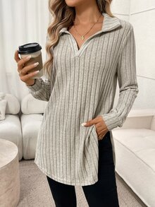 Easowa Women's Autumn/Winter Fuzzy Ribbed Polo Neck Long Sleeve Long T-Shirt - Apricot - View 3