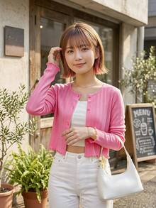Easowa Women's Solid Color Round Neck Single-Breasted Fashion Casual Thin Jacket - Hot Pink - View 6