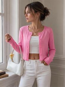 Easowa Women's Solid Color Round Neck Single-Breasted Fashion Casual Thin Jacket - Hot Pink - View 8