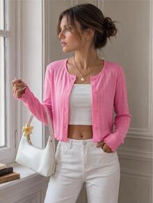 Easowa Women's Solid Color Round Neck Single-Breasted Fashion Casual Thin Jacket - Hot Pink - View 1