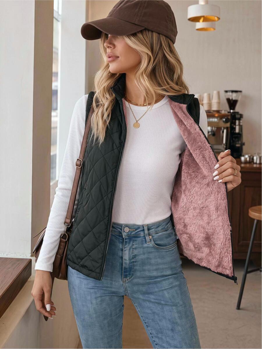 Easowa Women's Padded Diamond Pattern Vest Jacket In Fall,Casual Everyday Travel Black And Pink - Multicolor - View 1