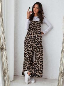 Easowa Women's Casual Streetwear Retro Vintage 70s Leopard Print Pocket Loose Jumpsuit Cheetah Print Autumn/Winter Basic Going Out Weekend Everyday Beige - Khaki - View 8