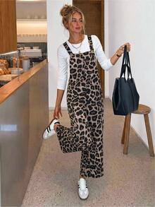 Easowa Women's Casual Streetwear Retro Vintage 70s Leopard Print Pocket Loose Jumpsuit Cheetah Print Autumn/Winter Basic Going Out Weekend Everyday Beige - Khaki - View 10
