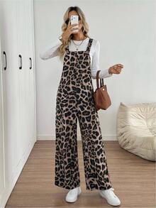Easowa Women's Casual Streetwear Retro Vintage 70s Leopard Print Pocket Loose Jumpsuit Cheetah Print Autumn/Winter Basic Going Out Weekend Everyday Beige - Khaki - View 2