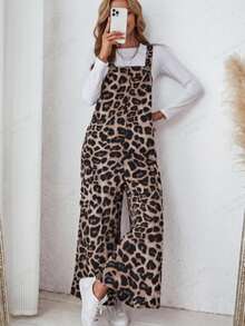 Easowa Women's Casual Streetwear Retro Vintage 70s Leopard Print Pocket Loose Jumpsuit Cheetah Print Autumn/Winter Basic Going Out Weekend Everyday Beige - Khaki - View 9