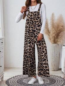 Easowa Women's Casual Streetwear Retro Vintage 70s Leopard Print Pocket Loose Jumpsuit Cheetah Print Autumn/Winter Basic Going Out Weekend Everyday Beige - Khaki - View 4