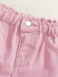 SHEIN 女嬰秋季休閒百搭可愛蝴蝶結刺繡口袋舒適寬鬆直筒水洗粉色牛仔褲，柔軟棉質時尚款，適合日常穿著、上學、度假、感恩節、聖誕節或返校季 - 粉色 - 查看 5
