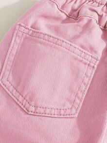 SHEIN 女嬰秋季休閒百搭可愛蝴蝶結刺繡口袋舒適寬鬆直筒水洗粉色牛仔褲，柔軟棉質時尚款，適合日常穿著、上學、度假、感恩節、聖誕節或返校季 - 粉色 - 查看 7