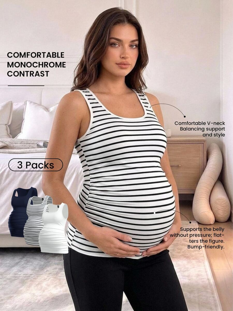 Modmama 3件組孕婦休閒寬鬆性感抓皺圓領背心上衣套裝,正式拍照與居家穿著,黑白配色,夏季款 - 黑色 - 查看 1