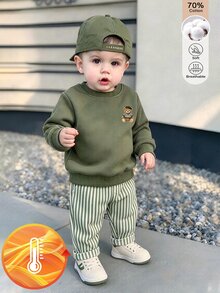 SHEIN 法式風格男嬰 0-3 歲 2 件組軍綠色運動衫套裝，圓領保暖運動衫配熊圖案與條紋長褲，適合戶外玩耍、上學等多種場合 - 軍綠色 - 查看 2