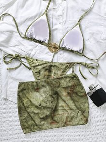 SHEIN Swim 3件套复古印花挂脖比基尼套装，含绷带裤和网纱迷你裙，时尚性感泳装 - 彩色 - 查看 8