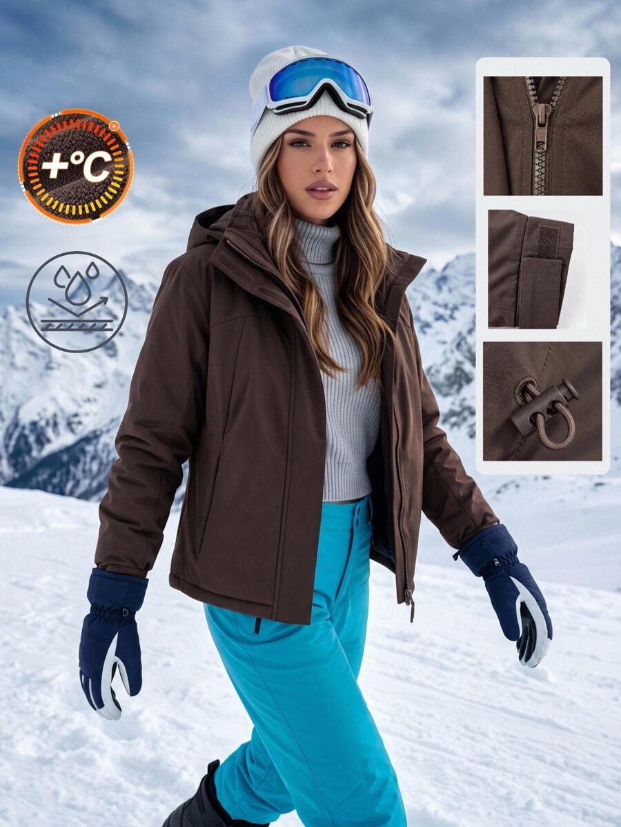 SHEIN BASICS جاكيت سوفت شيل نسائي بقلنسوة وأكمام طويلة وجيوب بسحاب للاستخدام الخارجي - بني - مشاهدة 1