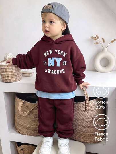 Young Boys Casual Deep Red Letter Vintage Hoodie Long Sleeve Sweatshirt And Solid Color Elastic Waist Sweatpants Set, Suitable For Back To School, Birthday, Baby Shower, Holiday Party, Autumn/Winter