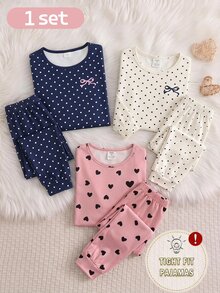 秋冬季青少年女孩兩件套，時尚皇家藍配白色波點與蝴蝶結印花，柔軟舒適貼身高彈性薄款長袖上衣與長褲家居服，貼身剪裁 - 藍色 - 查看 10