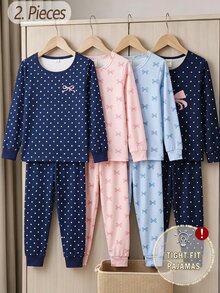 秋冬季青少年女孩兩件套，時尚皇家藍配白色波點與蝴蝶結印花，柔軟舒適貼身高彈性薄款長袖上衣與長褲家居服，貼身剪裁 - 藍色 - 查看 1