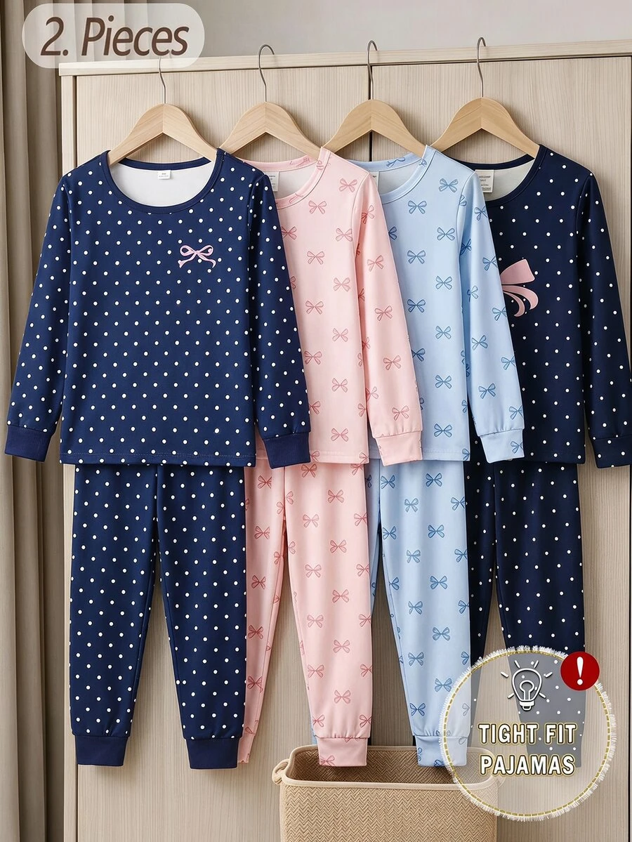 秋冬季青少年女孩兩件套,時尚皇家藍配白色波點與蝴蝶結印花,柔軟舒適貼身高彈性薄款長袖上衣與長褲家居服,貼身剪裁 - 藍色 - 查看 1
