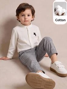 SHEIN 中性童/小男孩/小女孩幼童 2件組秋冬休閒復古長袖襯衫與長褲套裝，小男孩套裝，柔軟舒適，復古風 - 彩色 - 查看 1