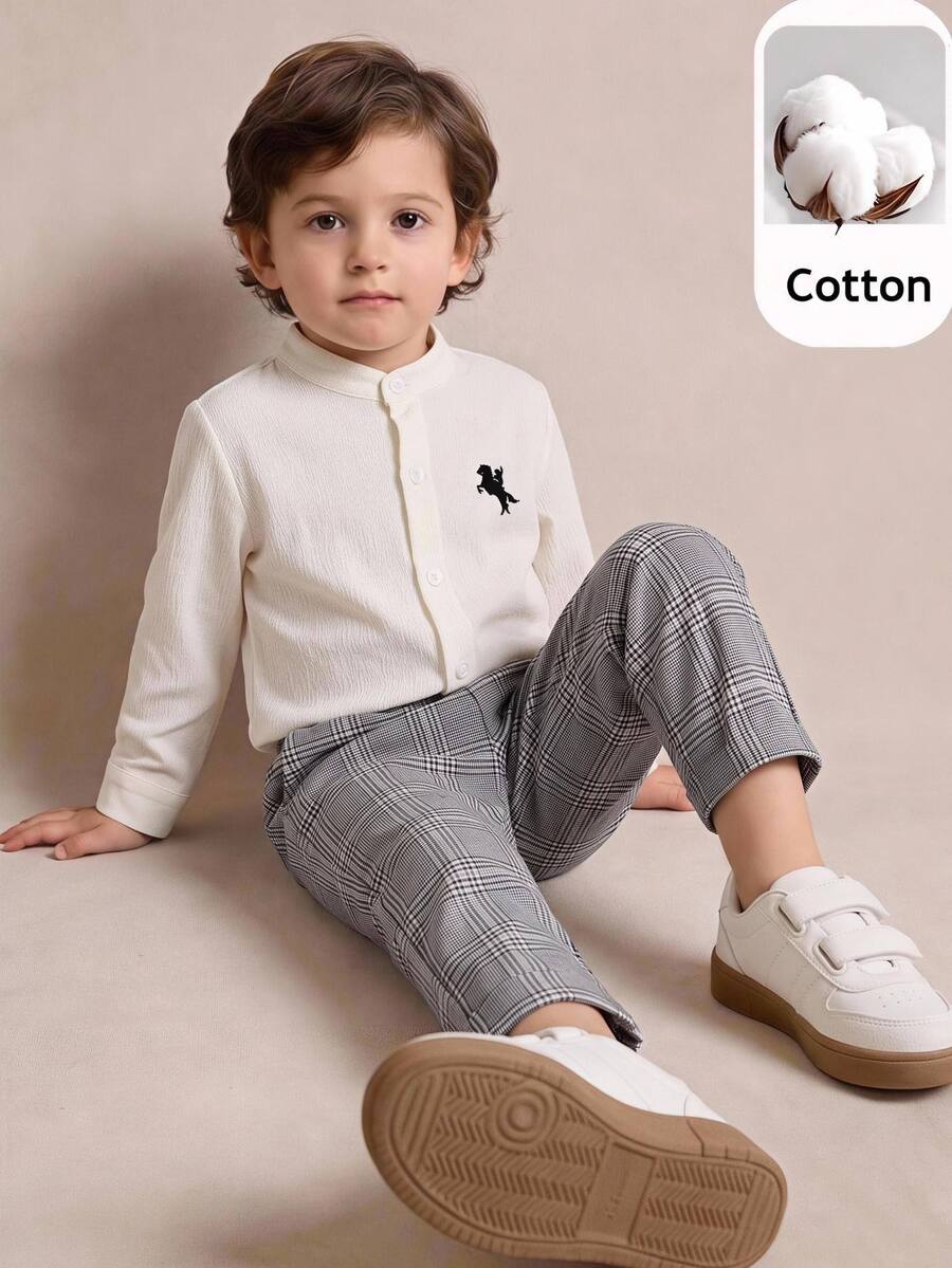 SHEIN 中性童/小男孩/小女孩幼童 2件組秋冬休閒復古長袖襯衫與長褲套裝,小男孩套裝,柔軟舒適,復古風 - 彩色 - 查看 1