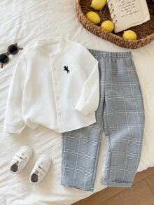 SHEIN 中性童/小男孩/小女孩幼童 2件組秋冬休閒復古長袖襯衫與長褲套裝，小男孩套裝，柔軟舒適，復古風 - 彩色 - 查看 2