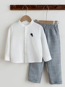 SHEIN 中性童/小男孩/小女孩幼童 2件組秋冬休閒復古長袖襯衫與長褲套裝，小男孩套裝，柔軟舒適，復古風 - 彩色 - 查看 3