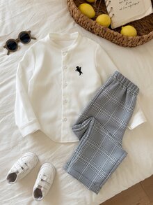 SHEIN 中性童/小男孩/小女孩幼童 2件組秋冬休閒復古長袖襯衫與長褲套裝，小男孩套裝，柔軟舒適，復古風 - 彩色 - 查看 4