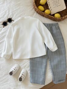 SHEIN 中性童/小男孩/小女孩幼童 2件組秋冬休閒復古長袖襯衫與長褲套裝，小男孩套裝，柔軟舒適，復古風 - 彩色 - 查看 5
