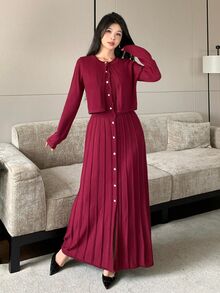 Modelyn Women's Solid Color Long Sleeve Knit Cardigan And Single-Breasted Knit Sleeveless Dress Elegant 2 Pieces Set - Burgundy - View 5