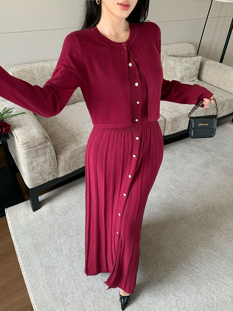 Modelyn Women's Solid Color Long Sleeve Knit Cardigan And Single-Breasted Knit Sleeveless Dress Elegant 2 Pieces Set - Burgundy - View 1