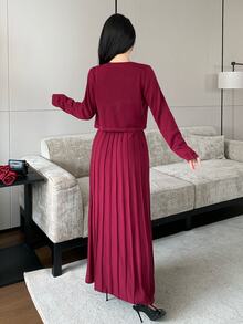 Modelyn Women's Solid Color Long Sleeve Knit Cardigan And Single-Breasted Knit Sleeveless Dress Elegant 2 Pieces Set - Burgundy - View 4