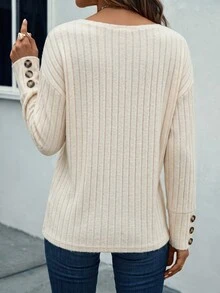 Zayélia Women's Solid Color V-Neck Casual Long Sleeve T-Shirt For Daily Wear - Apricot - View 2