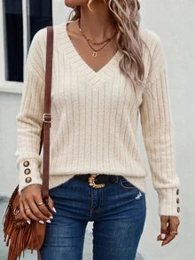 Zayélia Women's Solid Color V-Neck Casual Long Sleeve T-Shirt For Daily Wear - Apricot - View 4