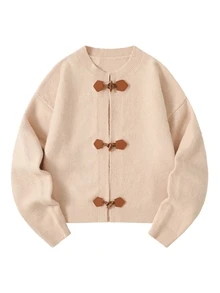 Calmiston Men's Autumn/Winter Round Neck Long Sleeve Cardigan, Vintage Button Design Knitted Jacket, Fitted Fit Open Front - Khaki - View 3