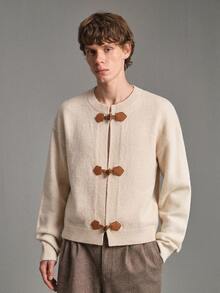 Calmiston Men's Autumn/Winter Round Neck Long Sleeve Cardigan, Vintage Button Design Knitted Jacket, Fitted Fit Open Front - Khaki - View 2