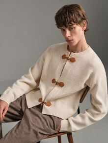 Calmiston Men's Autumn/Winter Round Neck Long Sleeve Cardigan, Vintage Button Design Knitted Jacket, Fitted Fit Open Front - Khaki - View 1