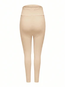 Modmama Maternity 2pcs Solid Elastic Waist Leggings, High Elasticity Base Layer Pants, Summer Home Postpartum Photoshoot Black Beige Casual Elegant - Apricot - View 3