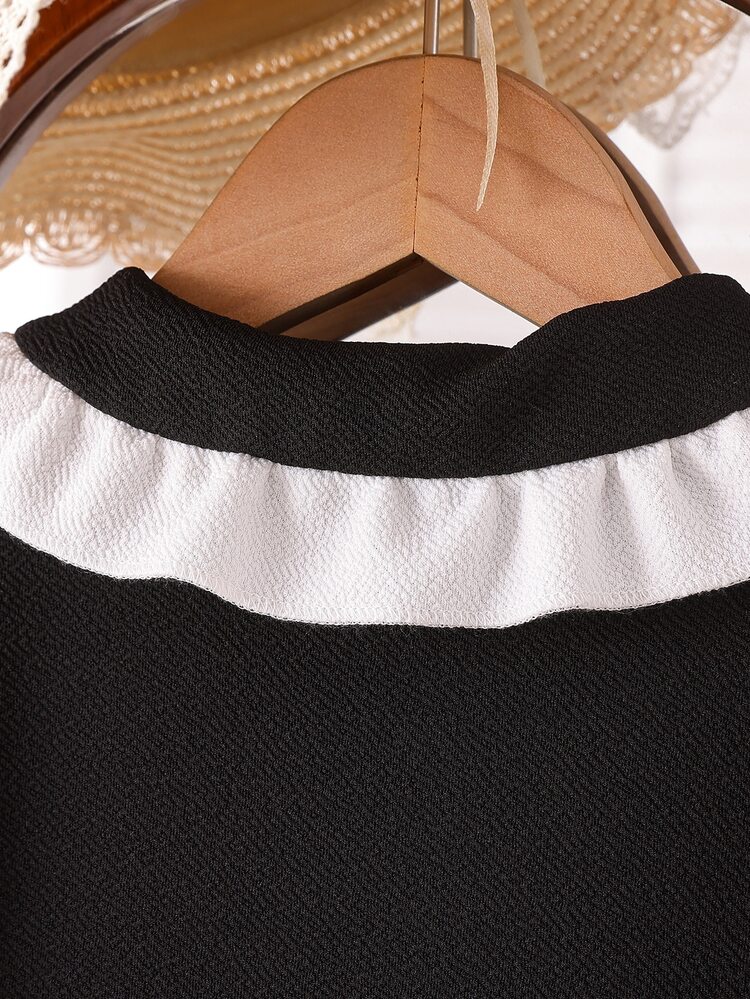 SHEIN Young Girls Black Long Sleeve Collared Dress, Black & White Color Block, Full Skirt, Slim Fit Mid-Length, Lace Collar, Cute & Elegant Dress, Suitable For Vacation, Graduation, Coming Of Age, Flower Girl, New Year Party, Ball, Evening Gala, Back To School, Christmas, Halloween, Autumn/Winter, All Seasons - Black - View 7