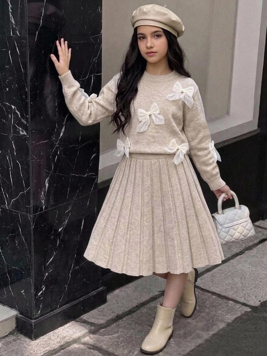 SHEIN Tween Girl 童女兒童針織衫套裝 彩色蝴蝶結圓領落肩長袖套頭毛衣+配套秋冬裙子套裝 - 杏色 - 查看 1