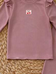 2件組女童長袖上衣與長褲套裝，粉色羅紋布料、波浪荷葉邊下擺、櫻桃圖案，休閒甜美內搭套裝，適合四季穿著 - 粉色 - 查看 8
