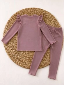 2件組女童長袖上衣與長褲套裝，粉色羅紋布料、波浪荷葉邊下擺、櫻桃圖案，休閒甜美內搭套裝，適合四季穿著 - 粉色 - 查看 2
