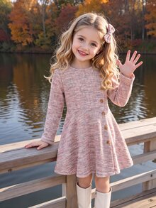 女童圓領長袖收腰A字洋裝，鈕扣裝飾優雅公主淑女風，7歲生日粉色秋季洋裝，優雅時尚 - 粉色 - 查看 3